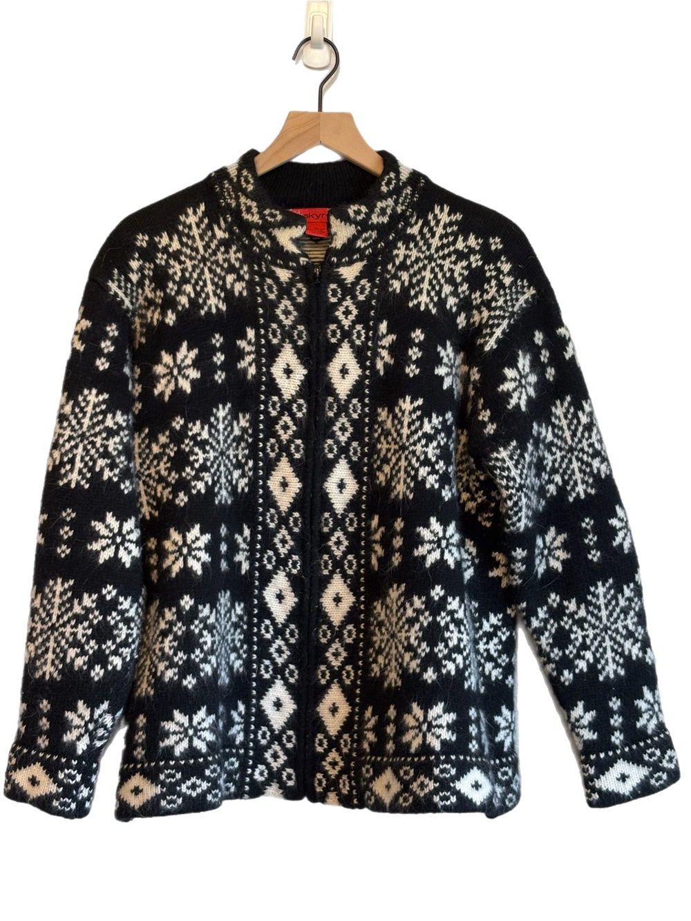 Vintage Skyr Lambswool Angora Nordic Full Zip Cardigan Black & White XL Scandi